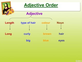 Adjective Order
Adjective
Length type of hair colour Noun
Long curly brown hair
big blue eyes
 