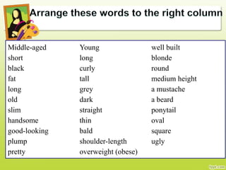 Middle-aged
short
black
fat
long
old
slim
handsome
good-looking
plump
pretty
Young
long
curly
tall
grey
dark
straight
thin
bald
shoulder-length
overweight (obese)
well built
blonde
round
medium height
a mustache
a beard
ponytail
oval
square
ugly
 