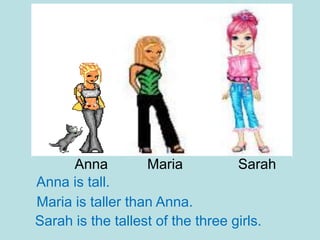 Anna Maria Sarah
Anna is tall.
Maria is taller than Anna.
Sarah is the tallest of the three girls.
 