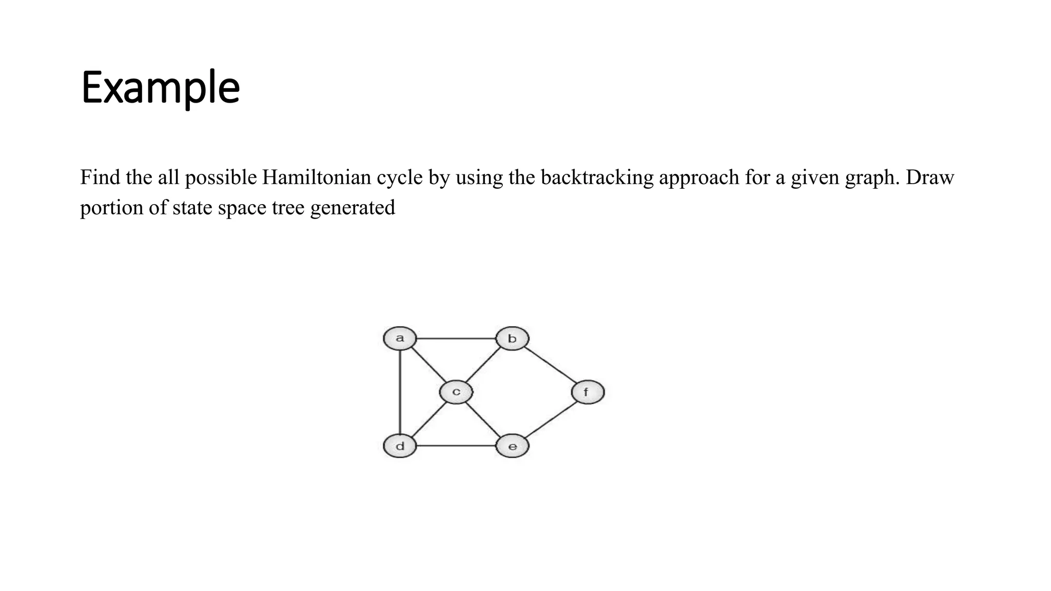 Example
Find the all possible Hamiltonian cycle by using the backtracking approach for a given graph. Draw
portion of state space tree generated
 
