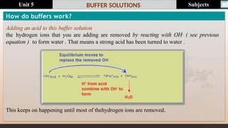 Last update : 1/1/2014 Page.N
o
BUFFER SOLUTIONS
How do buffers work?
Adding an acid to this buffer solution
the hydrogen ions that you are adding are removed by reacting with OH- ( see previous
equation ) to form water . That means a strong acid has been turned to water .
This keeps on happening until most of thehydrogen ions are removed.
Subjects
Unit 5
 
