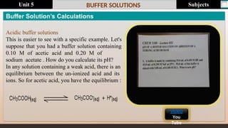 Last update : 1/1/2014 Page.N
o
BUFFER SOLUTIONS
Buffer Solution’s Calculations
Acidic buffer solutions
This is easier to see with a specific example. Let's
suppose that you had a buffer solution containing
0.10 M of acetic acid and 0.20 M of
sodium acetate . How do you calculate its pH?
In any solution containing a weak acid, there is an
equilibrium between the un-ionized acid and its
ions. So for acetic acid, you have the equilibrium :
VIDEO
You
Tube
Subjects
Unit 5
 