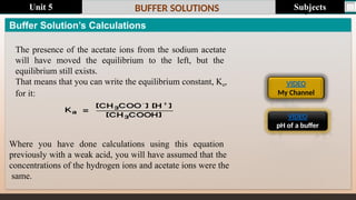 Last update : 1/1/2014 Page.N
o
BUFFER SOLUTIONS
Buffer Solution’s Calculations
The presence of the acetate ions from the sodium acetate
will have moved the equilibrium to the left, but the
equilibrium still exists.
That means that you can write the equilibrium constant, Ka,
for it:
Where you have done calculations using this equation
previously with a weak acid, you will have assumed that the
concentrations of the hydrogen ions and acetate ions were the
same.
VIDEO
My Channel
VIDEO
pH of a buffer
Subjects
Unit 5
 