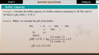 Last update : 1/1/2014 Page.N
o
BUFFER SOLUTIONS
Buffer Capacity
Example : Calculate the buffer capacity of a buffer solution containing 0.2 M NH3 and 0.1
M NH4Cl [ pKb (NH3) = 4.76 ] ?
Solution : First : we calculate the pH of the buffer :
+ OH-
NH3 +
H2
NH4Cl
O ↔ NH4
+
↔ NH4
+ +
Cl-
Subjects
Unit 5
 