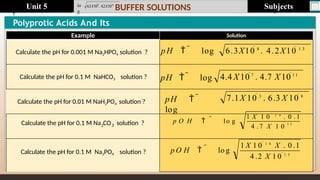Page.N
o
Polyprotic Acids And Its
Salts Solution
Example
Calculate the pH for 0.001 M Na2HPO4 solution ?
Calculate the pH for 0.1 M NaHCO3 solution ?
Calculate the pH for 0.01 M NaH2PO4 solution ?
Calculate the pH for 0.1 M Na CO
2 3 solution ?
Calculate the pH for 0.1 M Na3PO4 solution ?
6.3X10 8
. 4.2X10 1 3
4.4 X 107
. 4.7 X 101 1
7.1X 10  3
. 6.3 X 10  8
pH   log
pH   log
pH  
log
 1 1
 lo g
4 . 7 X 1 0
1 X 1 0  1 4
. 0 . 1
p O H 
 lo g
1 X 1 0  1 4
X . 0 .1
4 .2 X 1 0  1 3
p O H 
 lo
g
Last update : 1/1/2014

6.3X108
. 4.2X1013
BUFFER SOLUTIONS Subjects
Unit 5
 