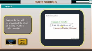 BUFFER SOLUTIONS
Tutorial
VIDEO
You
Tube
VIDEO
Library
Look at the this video
to understand the effect
of adding HCl to a
buffer solution .
 