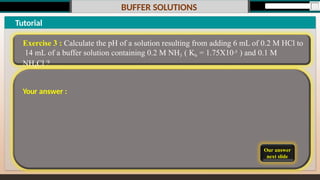 BUFFER SOLUTIONS
Our answer
next slide
Tutorial
Exercise 3 : Calculate the pH of a solution resulting from adding 6 mL of 0.2 M HCl to
14 mL of a buffer solution containing 0.2 M NH3 ( Kb = 1.75X10-5 ) and 0.1 M
NH4Cl ?
Your answer :
 