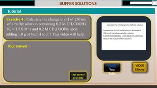 BUFFER SOLUTIONS
VIDEO
You
Tube
VIDEO
Library
Our answer
next slide
Tutorial
Exercise 4 : Calculate the change in pH of 250 mL
of a buffer solution containing 0.2 M CH3COOH (
Ka = 1.8X10-5 ) and 0.2 M CH3COONa upon
adding 1.0 g of NaOH to it ? This video will help .
Your answer :
 