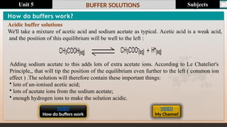 Last update : 1/1/2014 Page.N
o
BUFFER SOLUTIONS
Adding sodium acetate to this adds lots of extra acetate ions. According to Le Chatelier's
Principle,, that will tip the position of the equilibrium even further to the left ( common ion
effect ) .The solution will therefore contain these important things:
• lots of un-ionised acetic acid;
• lots of acetate ions from the sodium acetate;
• enough hydrogen ions to make the solution acidic.
How do buffers work?
Acidic buffer solutions
We'll take a mixture of acetic acid and sodium acetate as typical. Acetic acid is a weak acid,
and the position of this equilibrium will be well to the left :
VIDEO
My Channel
VIDEO
How do buffers work
Subjects
Unit 5
 