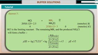 BUFFER SOLUTIONS
+
(mmoles) )I(
(mmoles) )C(
NH3 
NH4Cl
25X0.12= 3 0
0.5
2.5
HCl
20X0.125= 2.5
0
HCl is the limiting reactant . The remaining NH3 and the produced NH4Cl
will form a buffer :-
Tutorial
Answer 5 :
 