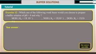 BUFFER SOLUTIONS
Our answer
next slide
Tutorial
Exercise 12 : Which one of the following weak bases would you choose to prepare
a buffer solution of pH = 8 and why ?
MOH ( Kb = 1X 10-5 ) , NOH ( Kb = 1X10-8 ) , DOH ( Kb = 1X10-
10 )
Your answer :
 