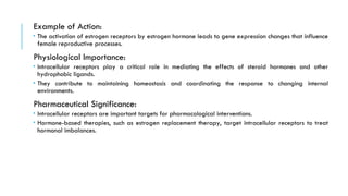 Example of Action:
 The activation of estrogen receptors by estrogen hormone leads to gene expression changes that influence
female reproductive processes.
Physiological Importance:
 Intracellular receptors play a critical role in mediating the effects of steroid hormones and other
hydrophobic ligands.
 They contribute to maintaining homeostasis and coordinating the response to changing internal
environments.
Pharmaceutical Significance:
 Intracellular receptors are important targets for pharmacological interventions.
 Hormone-based therapies, such as estrogen replacement therapy, target intracellular receptors to treat
hormonal imbalances.
 