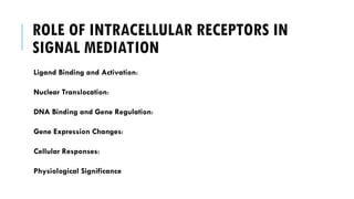 ROLE OF INTRACELLULAR RECEPTORS IN
SIGNAL MEDIATION
Ligand Binding and Activation:
Nuclear Translocation:
DNA Binding and Gene Regulation:
Gene Expression Changes:
Cellular Responses:
Physiological Significance
 