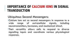 IMPORTANCE OF CALCIUM IONS IN SIGNAL
TRANSDUCTION
Ubiquitous Second Messengers:
Calcium ions act as second messengers in response to a
wide range of extracellular signals, including
neurotransmitters, hormones, and mechanical stimuli.
Their versatility allows cells to respond to diverse
signalling inputs and coordinate various physiological
responses.
 