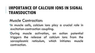 IMPORTANCE OF CALCIUM IONS IN SIGNAL
TRANSDUCTION
Muscle Contraction:
In muscle cells, calcium ions play a crucial role in
excitation-contraction coupling.
During muscle activation, an action potential
triggers the release of calcium ions from the
sarcoplasmic reticulum, which initiates muscle
contraction.
 