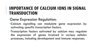 IMPORTANCE OF CALCIUM IONS IN SIGNAL
TRANSDUCTION
Gene Expression Regulation:
Calcium signalling can modulate gene expression by
activating specific transcription factors.
Transcription factors activated by calcium may regulate
the expression of genes involved in various cellular
processes, including development and immune responses.
 