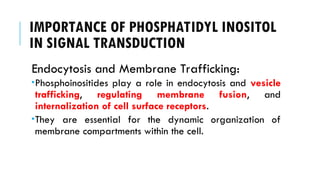 IMPORTANCE OF PHOSPHATIDYL INOSITOL
IN SIGNAL TRANSDUCTION
Endocytosis and Membrane Trafficking:
Phosphoinositides play a role in endocytosis and vesicle
trafficking, regulating membrane fusion, and
internalization of cell surface receptors.
They are essential for the dynamic organization of
membrane compartments within the cell.
 