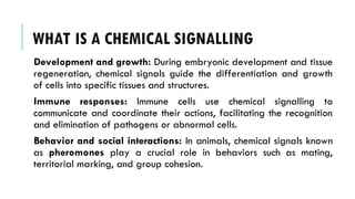 WHAT IS A CHEMICAL SIGNALLING
Development and growth: During embryonic development and tissue
regeneration, chemical signals guide the differentiation and growth
of cells into specific tissues and structures.
Immune responses: Immune cells use chemical signalling to
communicate and coordinate their actions, facilitating the recognition
and elimination of pathogens or abnormal cells.
Behavior and social interactions: In animals, chemical signals known
as pheromones play a crucial role in behaviors such as mating,
territorial marking, and group cohesion.
 