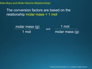 Copyright © Pearson Education, Inc., or its affiliates. All Rights Reserved.
.
molar mass (g)
1 mol
1 mol
molar mass (g)
and
The conversion factors are based on the
relationship molar mass = 1 mol
Mole-Mass and Mole-Volume Relationships
 