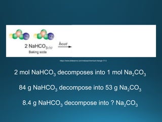https://www.slideserve.com/melosa/chemical-change-17-3
84 g NaHCO3 decompose into 53 g Na2CO3
2 mol NaHCO3 decomposes into 1 mol Na2CO3
8.4 g NaHCO3 decompose into ? Na2CO3
 