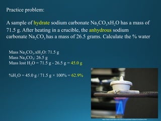 https://depts.washington.edu/chem/courses/labs/142labs/CompDemo.html
Practice problem:
A sample of hydrate sodium carbonate Na2CO3xH2O has a mass of
71.5 g. After heating in a crucible, the anhydrous sodium
carbonate Na2CO3 has a mass of 26.5 grams. Calculate the % water
Mass Na CO .xH O: 71.5 g
₂ ₃ ₂
Mass Na CO : 26.5 g
₂ ₃
Mass lost H O = 71.5 g - 26.5 g =
₂ 45.0 g
%H O = 45.0 g / 71.5 g × 100% =
₂ 62.9%
 