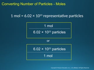 1 mol = 6.02 × 1023
representative particles
Copyright © Pearson Education, Inc., or its affiliates. All Rights Reserved.
.
Converting Number of Particles - Moles
1 mol
6.02 × 1023
particles
6.02 × 1023
particles
1 mol
or
 