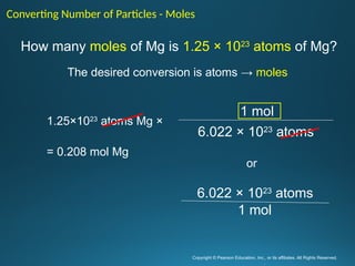How many moles of Mg is 1.25 × 1023
atoms of Mg?
Copyright © Pearson Education, Inc., or its affiliates. All Rights Reserved.
.
Converting Number of Particles - Moles
1 mol
6.022 × 1023
atoms
6.022 × 1023
atoms
1 mol
or
1.25×1023
atoms Mg ×
= 0.208 mol Mg
The desired conversion is atoms → moles
 