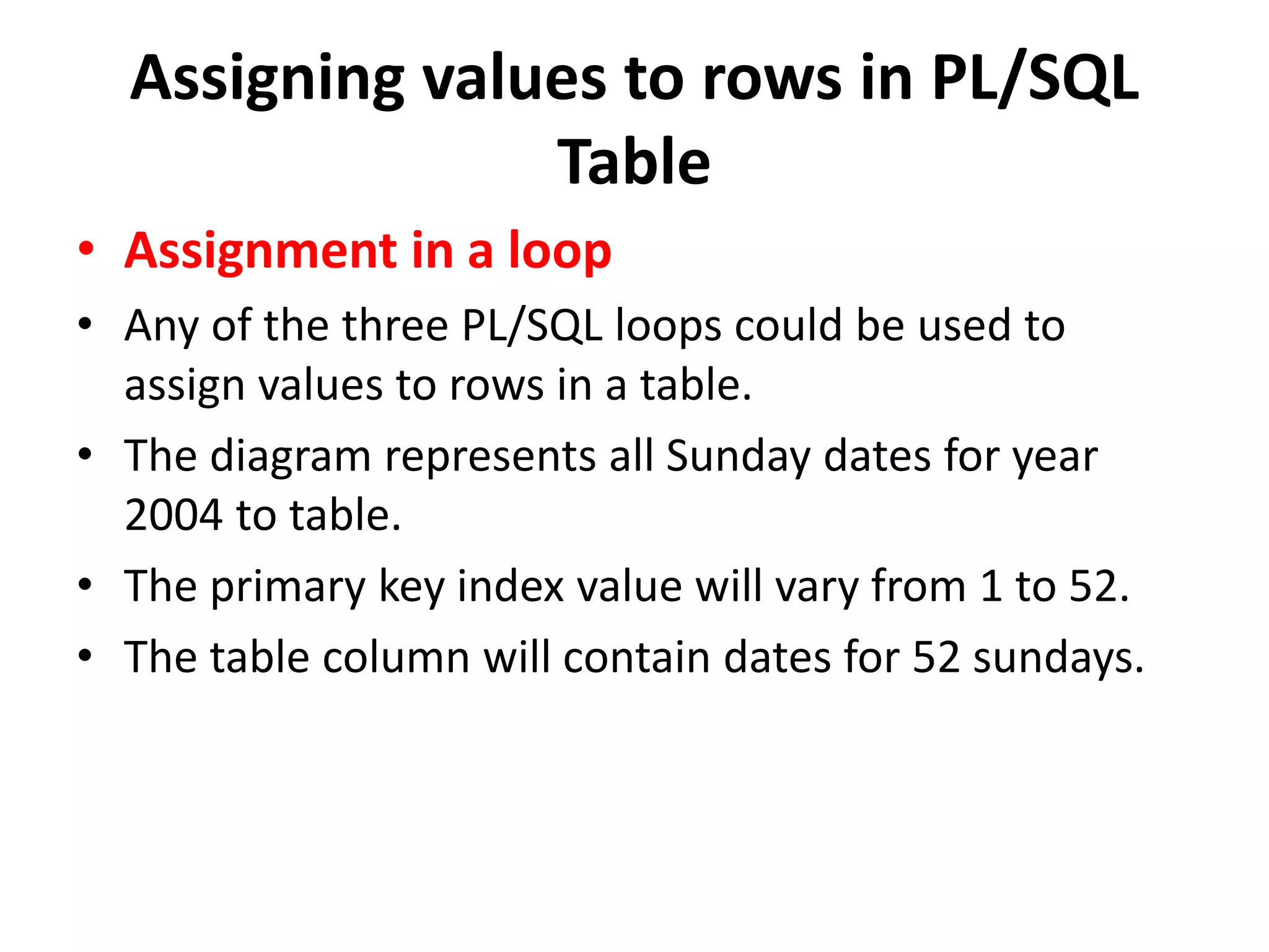 • Assignment in a loop
• Any of the three PL/SQL loops could be used to
assign values to rows in a table.
• The diagram represents all Sunday dates for year
2004 to table.
• The primary key index value will vary from 1 to 52.
• The table column will contain dates for 52 sundays.
Assigning values to rows in PL/SQL
Table
 