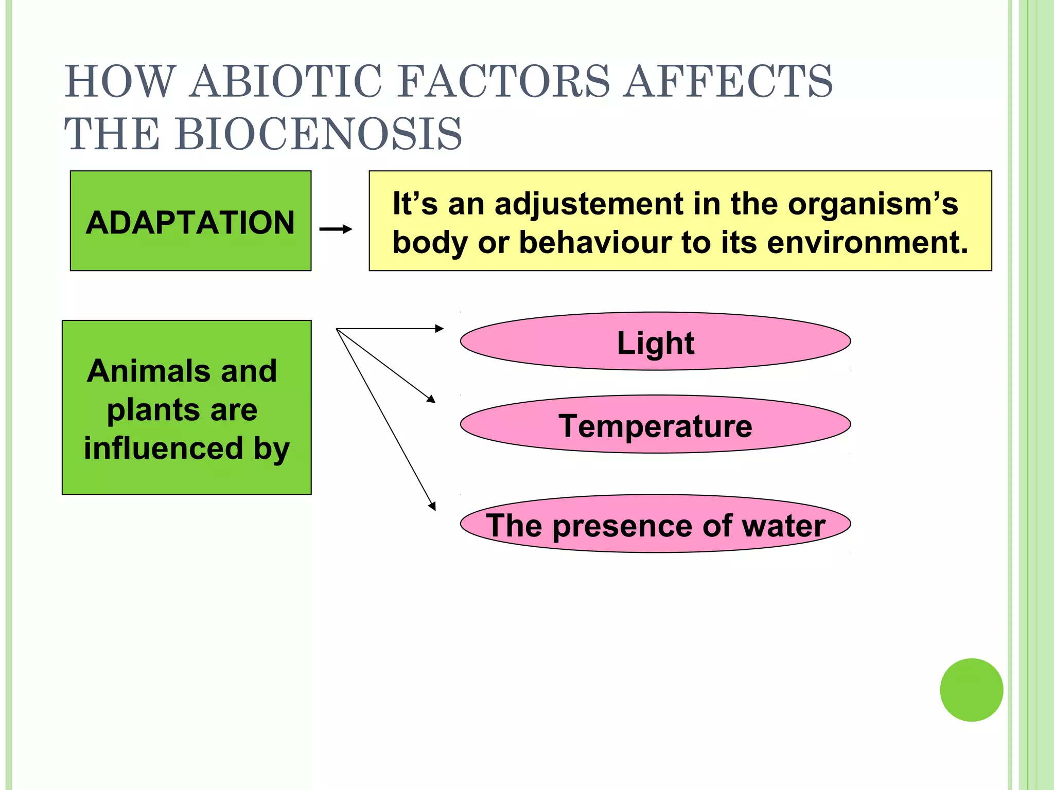 HOW ABIOTIC FACTORS AFFECTS
THE BIOCENOSIS
ADAPTATION
It’s an adjustement in the organism’s
body or behaviour to its environment.
Animals and
plants are
influenced by
Light
Temperature
The presence of water
 