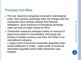 TRANSACTION RISK
 The risk, faced by companies involved in international
trade, that currency exchange rates will change after the
companies have already entered into financial
obligations. Such exposure to fluctuating exchange
rates can lead to major losses for firms.
 Transaction exposure emerges mainly on account of
export and import of commodities, borrowing and
lending in foreign currency and intra- firm flows in an
international company.
= rupee worth of accounts receivable (payable) when
actual settlement is made - rupee worth of accounts
receivable (payable) when trade transaction was
initiated, 10
Mrs.CharuRastogi,Asst.Professor
 