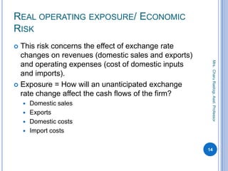 REAL OPERATING EXPOSURE/ ECONOMIC
RISK
 This risk concerns the effect of exchange rate
changes on revenues (domestic sales and exports)
and operating expenses (cost of domestic inputs
and imports).
 Exposure = How will an unanticipated exchange
rate change affect the cash flows of the firm?
 Domestic sales
 Exports
 Domestic costs
 Import costs
14
Mrs.CharuRastogi,Asst.Professor
 
