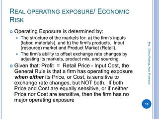 REAL OPERATING EXPOSURE/ ECONOMIC
RISK
 Operating Exposure is determined by:
 The structure of the markets for: a) the firm's inputs
(labor, materials), and b) the firm's products. Input
(resource) market and Product Market (Retail).
 The firm's ability to offset exchange rate changes by
adjusting its markets, product mix, and sourcing.
 Given that: Profit = Retail Price - Input Cost, the
General Rule is that a firm has operating exposure
when either its Price, or Cost, is sensitive to
exchange rate changes, but NOT both. If both
Price and Cost are equally sensitive, or if neither
Price nor Cost are sensitive, then the firm has no
major operating exposure
15
Mrs.CharuRastogi,Asst.Professor
 