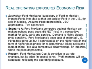 REAL OPERATING EXPOSURE/ ECONOMIC RISK
 Examples: Ford Mexicana (subsidiary of Ford in Mexico),
imports Fords into Mexico that are built by Ford in the U.S., for
sale in Mexico. Assume Peso depreciates, USD
appreciates. Two scenarios:
 Scenario A: Ford Mexicana competes against Mexican car
makers (whose peso costs did NOT rise) in a competitive
market for cars, parts and service. Demand is highly elastic,
price sensitive. Ford Mexicana's peso cost of imported U.S.
Fords has gone up, but it cannot pass on the higher cost in the
form of higher peso prices for its cars without losing sales and
market share. It is at a competitive disadvantage, an importer,
when the peso depreciates.
 Reason: Ford Mexicana's Cost is sensitive to ex-rate
changes, but its price (in pesos) is not. Profit margins will be
squeezed, reflecting the operating exposure. 16
Mrs.CharuRastogi,Asst.Professor
 