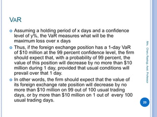 VAR
 Assuming a holding period of x days and a confidence
level of y%, the VaR measures what will be the
maximum loss over x days
 Thus, if the foreign exchange position has a 1-day VaR
of $10 million at the 99 percent confidence level, the firm
should expect that, with a probability of 99 percent, the
value of this position will decrease by no more than $10
million during 1 day, provided that usual conditions will
prevail over that 1 day.
 In other words, the firm should expect that the value of
its foreign exchange rate position will decrease by no
more than $10 million on 99 out of 100 usual trading
days, or by more than $10 million on 1 out of every 100
usual trading days. 20
Mrs.CharuRastogi,Asst.Professor
 