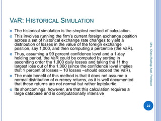 VAR: HISTORICAL SIMULATION
 The historical simulation is the simplest method of calculation.
 This involves running the firm’s current foreign exchange position
across a set of historical exchange rate changes to yield a
distribution of losses in the value of the foreign exchange
position, say 1,000, and then computing a percentile (the VaR).
 Thus, assuming a 99 percent confidence level and a 1-day
holding period, the VaR could be computed by sorting in
ascending order the 1,000 daily losses and taking the 11 the
largest loss out of the 1,000 (since the confidence level implies
that 1 percent of losses – 10 losses –should exceed the VaR).
 The main benefit of this method is that it does not assume a
normal distribution of currency returns, as it is well documented
that these returns are not normal but rather leptokurtic.
 Its shortcomings, however, are that this calculation requires a
large database and is computationally intensive
22
Mrs.CharuRastogi,Asst.Professor
 