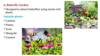 6. Butterfly Garden
• Designed to attract butterflies using nectar-rich
plants.
Suitable plants:
• Lantana
• Pentas
• Ixora
• Marigold
• Cosmos
 
