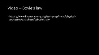 Video – Boyle’s law
• https://www.khanacademy.org/test-prep/mcat/physical-
processes/gas-phase/v/boyles-law
 