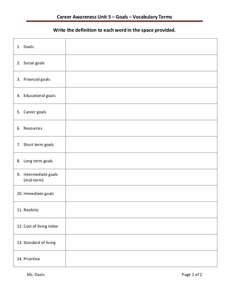 Unit 5 Goals Vocabulary