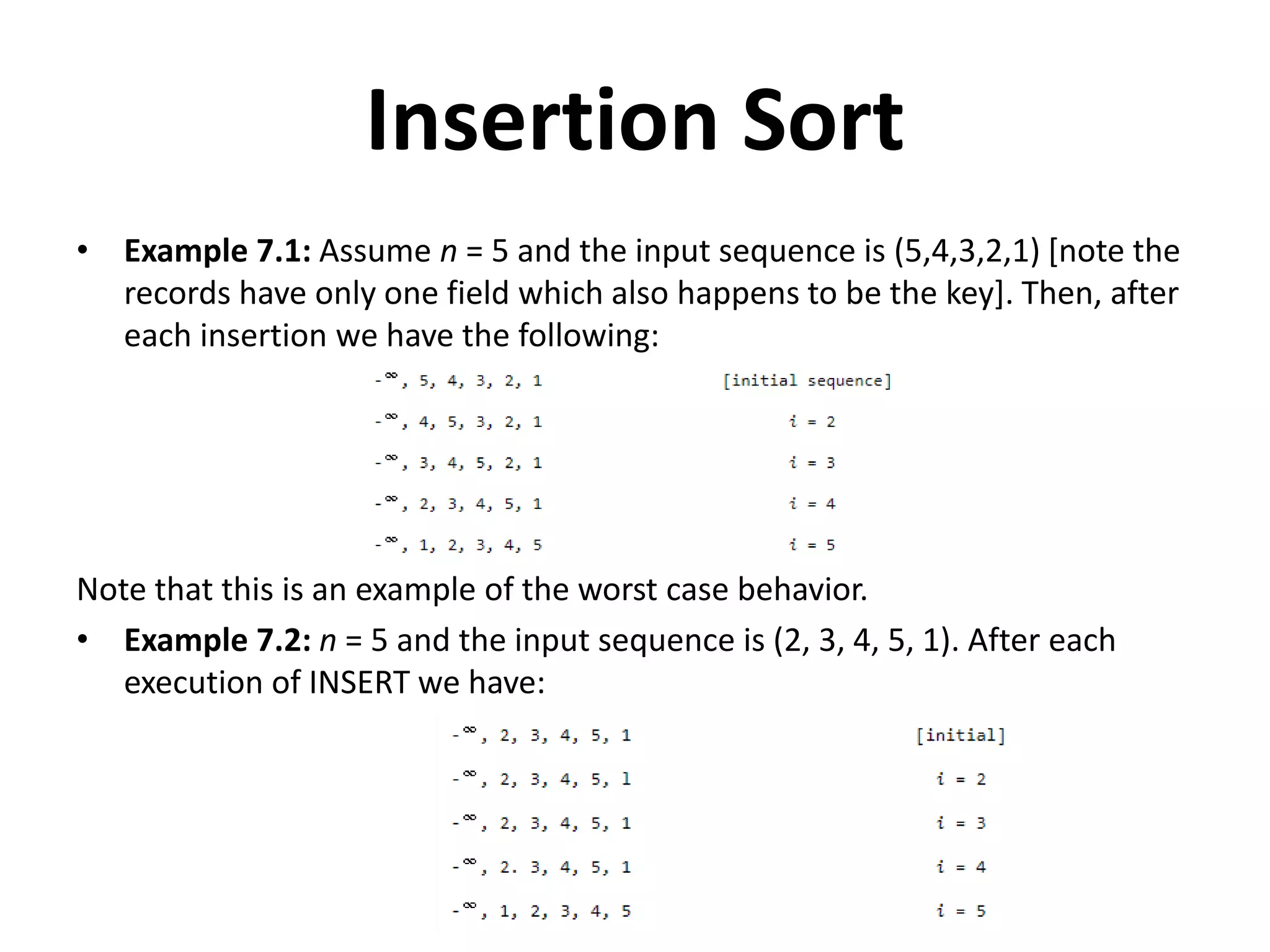 Insertion Sort
• Example 7.1: Assume n = 5 and the input sequence is (5,4,3,2,1) [note the
records have only one field which also happens to be the key]. Then, after
each insertion we have the following:
Note that this is an example of the worst case behavior.
• Example 7.2: n = 5 and the input sequence is (2, 3, 4, 5, 1). After each
execution of INSERT we have:
 