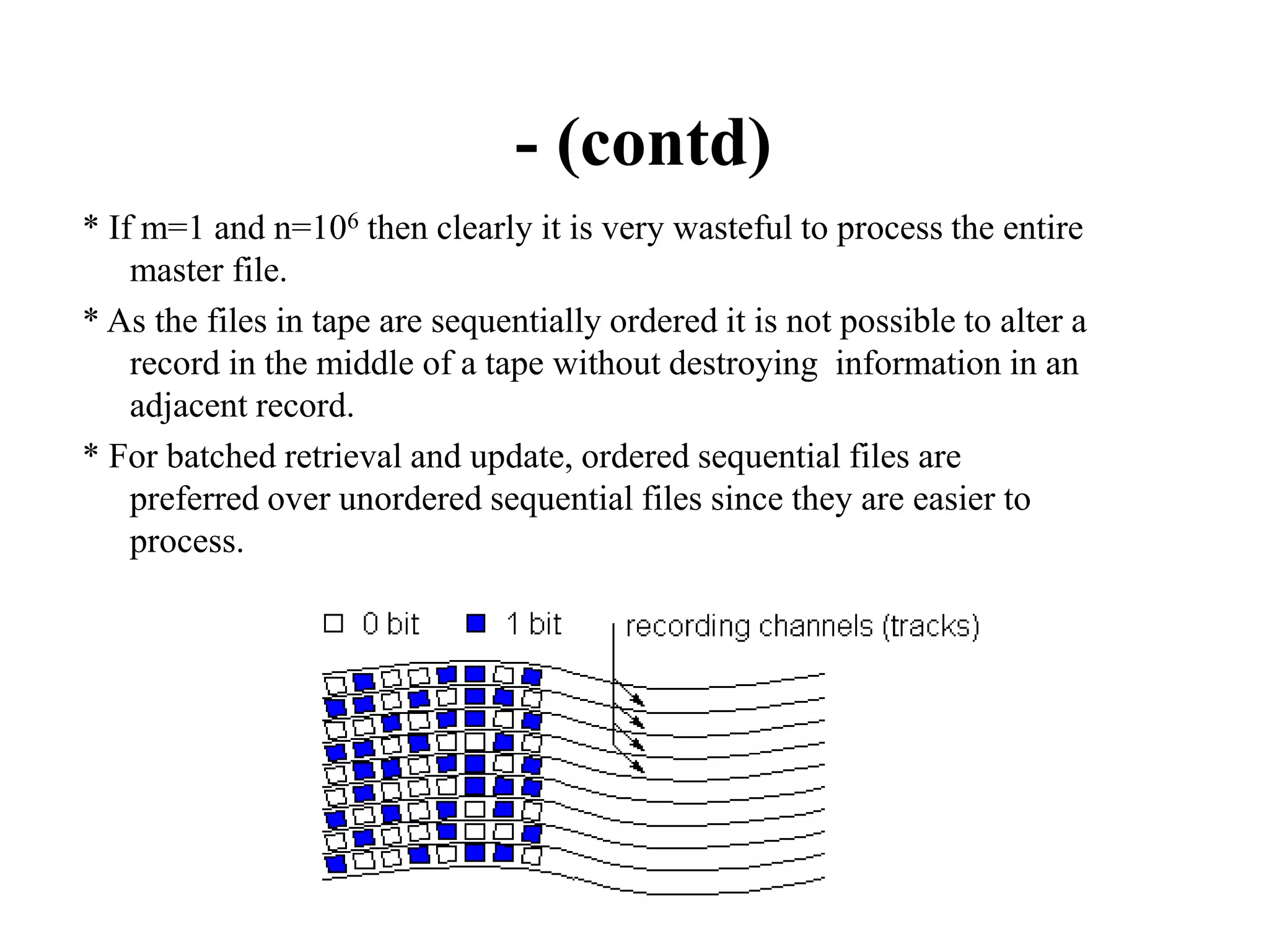 * If m=1 and n=106 then clearly it is very wasteful to process the entire
master file.
* As the files in tape are sequentially ordered it is not possible to alter a
record in the middle of a tape without destroying information in an
adjacent record.
* For batched retrieval and update, ordered sequential files are
preferred over unordered sequential files since they are easier to
process.
- (contd)
 