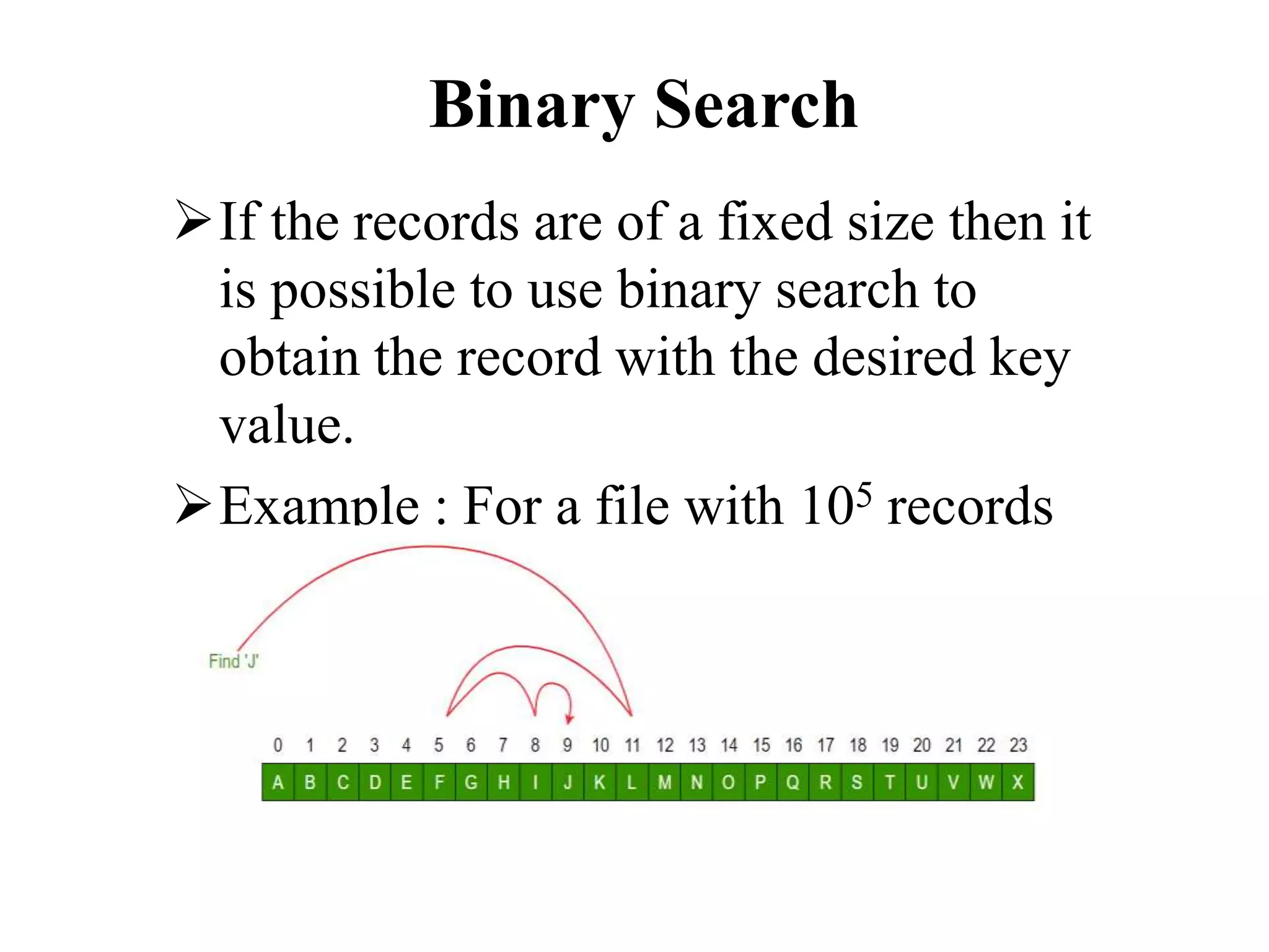 If the records are of a fixed size then it
is possible to use binary search to
obtain the record with the desired key
value.
Example : For a file with 105 records
of length 300 characters this would
mean a maximum of 17 accesses
Binary Search
 