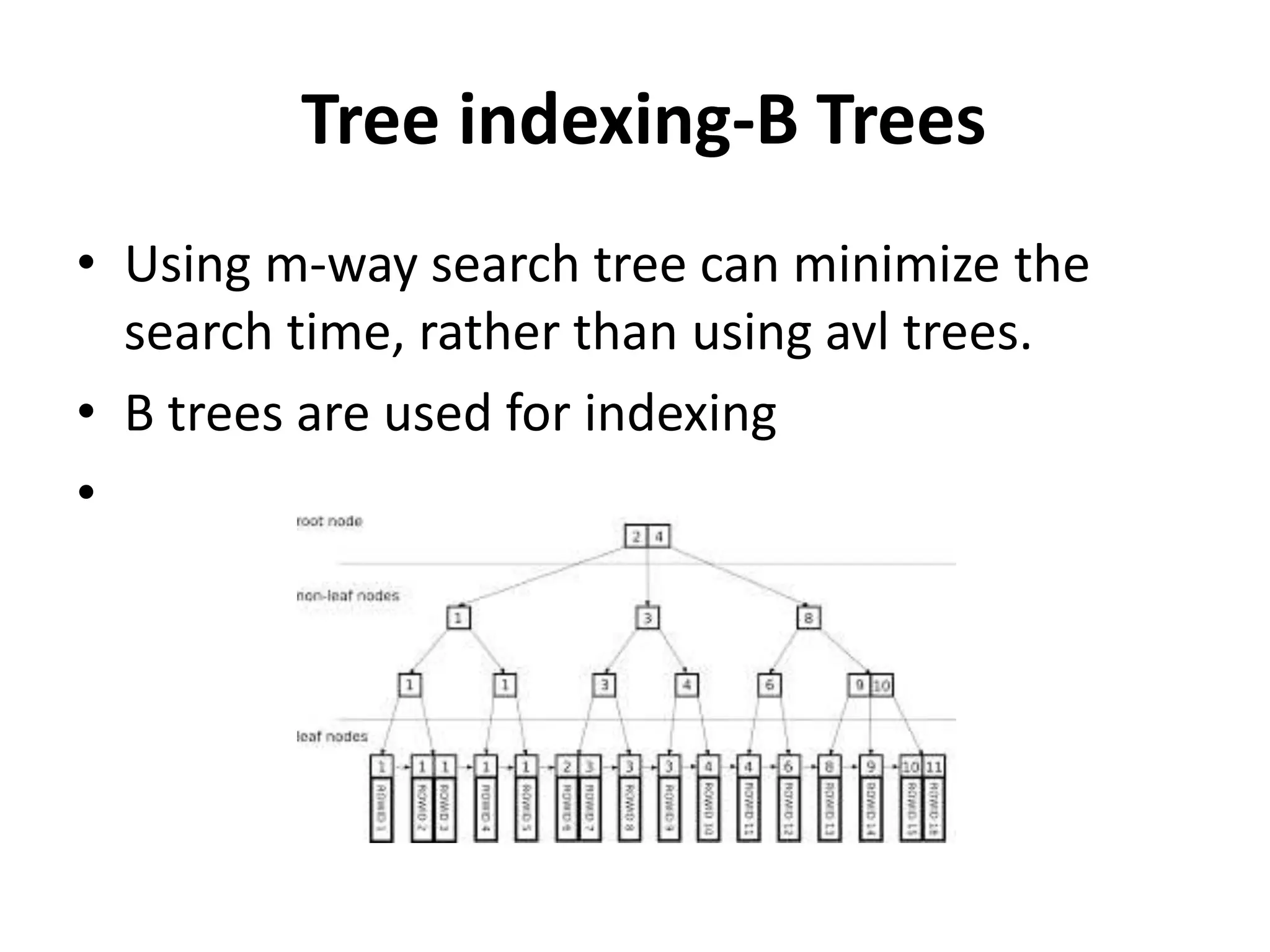 Tree indexing-B Trees
• Using m-way search tree can minimize the
search time, rather than using avl trees.
• B trees are used for indexing
•
 