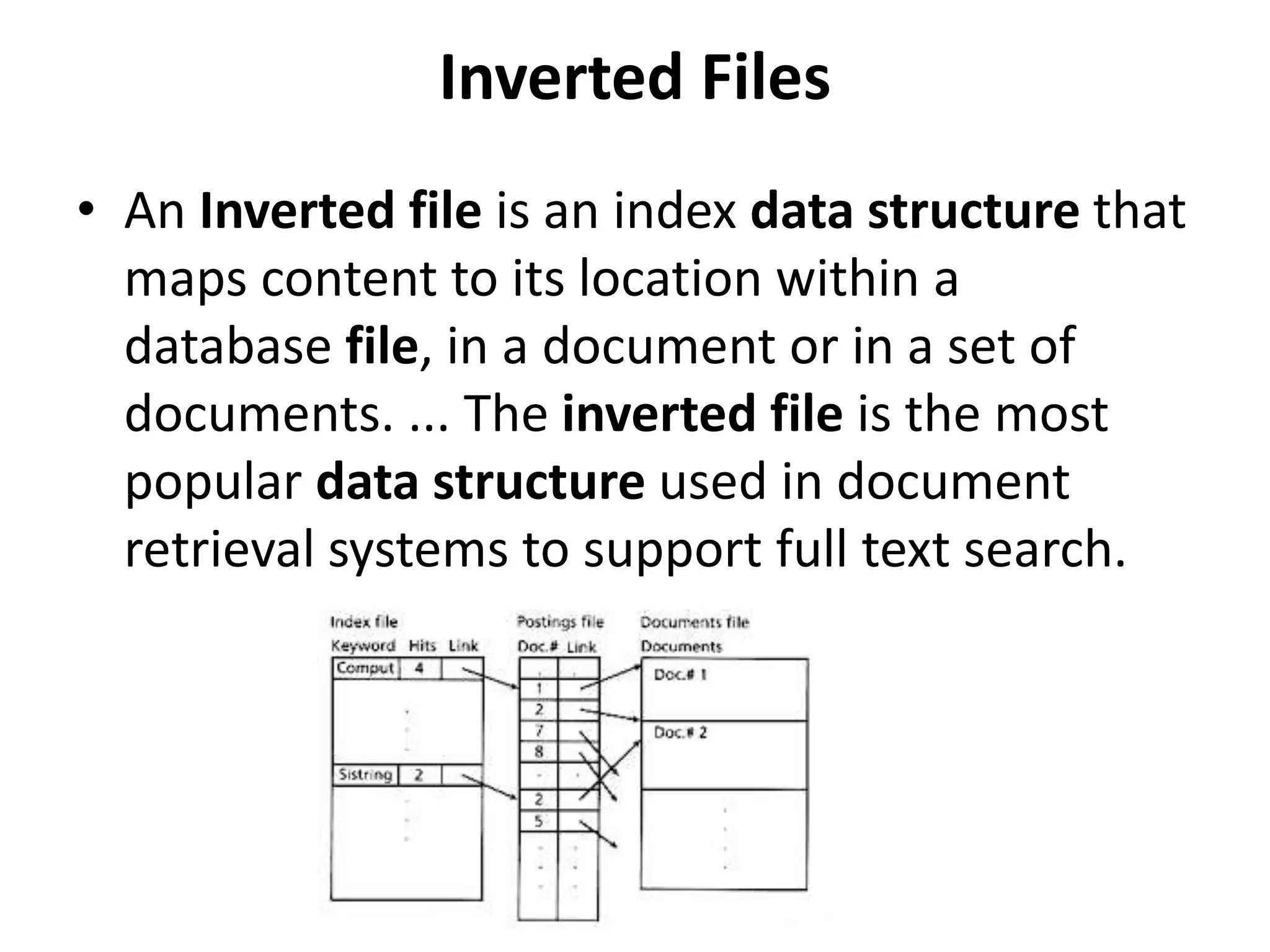 Inverted Files
• An Inverted file is an index data structure that
maps content to its location within a
database file, in a document or in a set of
documents. ... The inverted file is the most
popular data structure used in document
retrieval systems to support full text search.
 