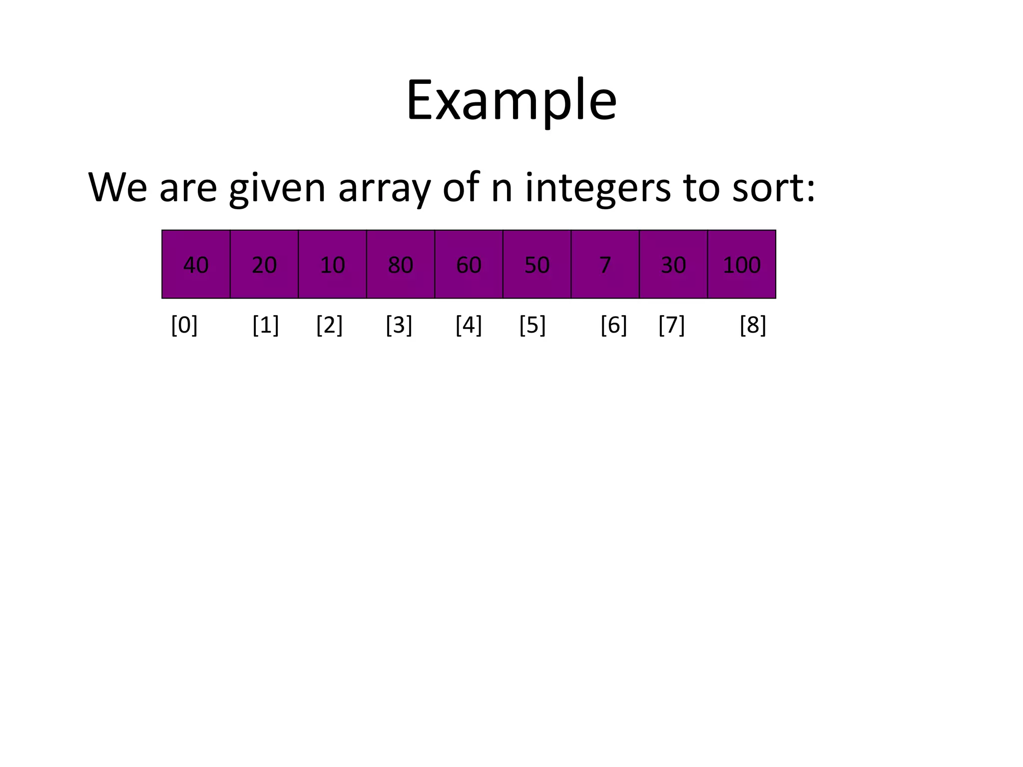 Example
We are given array of n integers to sort:
40 20 10 80 60 50 7 30 100
[0] [1] [2] [3] [4] [5] [6] [7] [8]
 