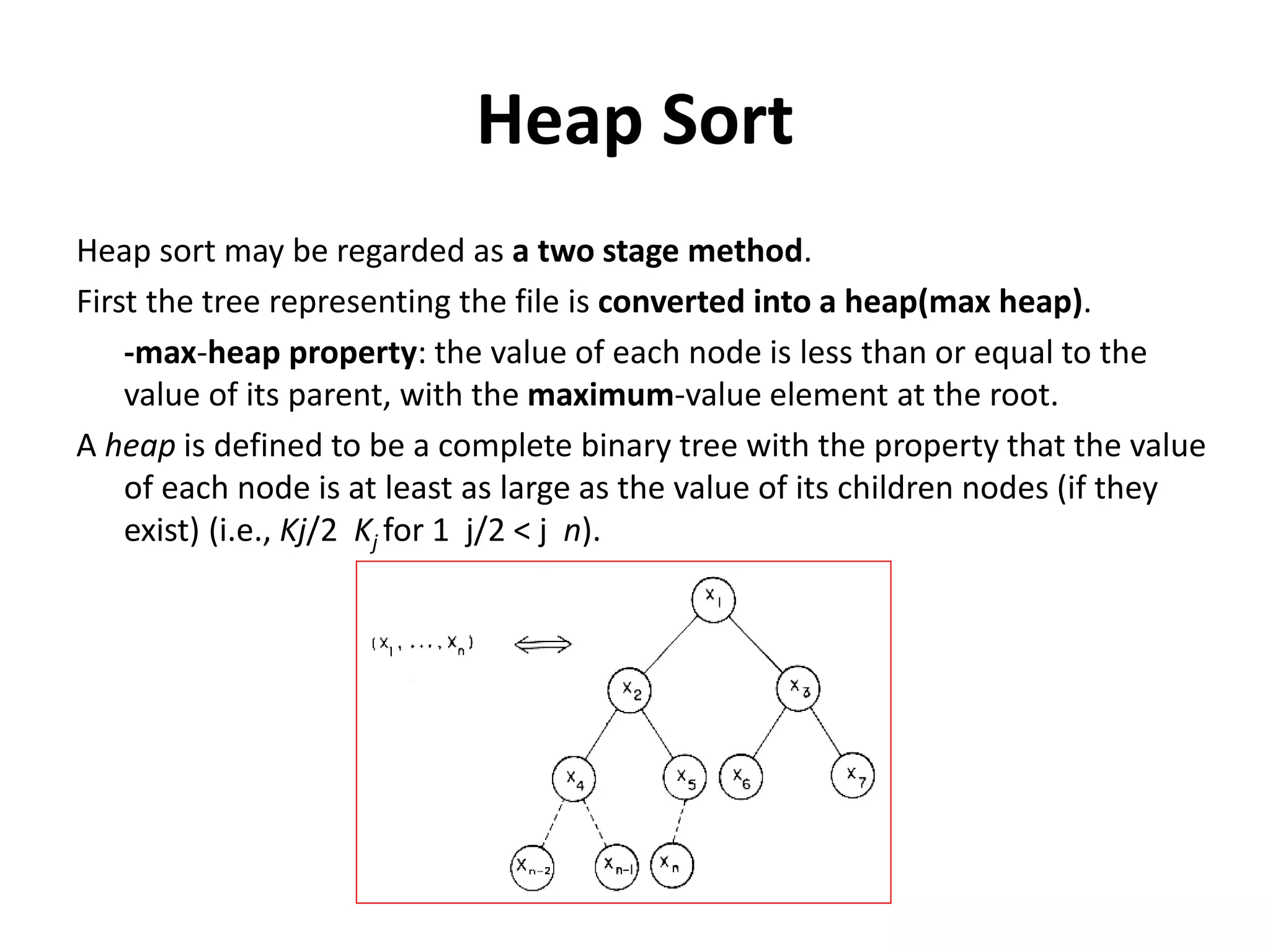 Heap Sort
Heap sort may be regarded as a two stage method.
First the tree representing the file is converted into a heap(max heap).
-max-heap property: the value of each node is less than or equal to the
value of its parent, with the maximum-value element at the root.
A heap is defined to be a complete binary tree with the property that the value
of each node is at least as large as the value of its children nodes (if they
exist) (i.e., Kj/2 Kj for 1 j/2 < j n).
 