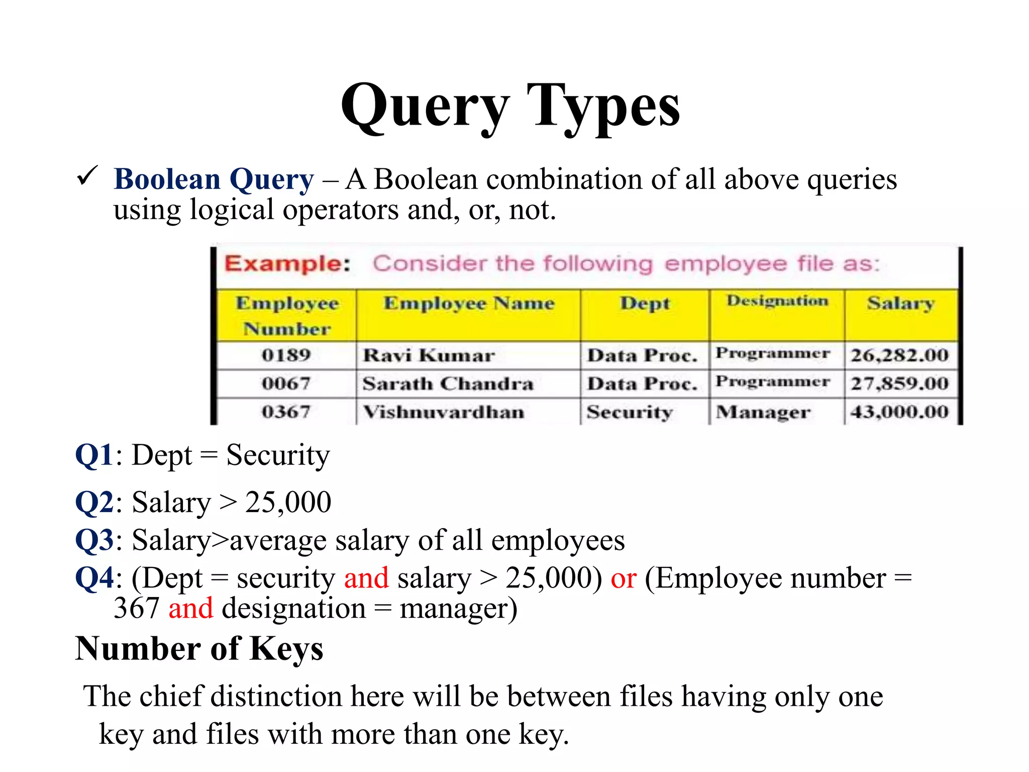  Boolean Query – A Boolean combination of all above queries
using logical operators and, or, not.
Q1: Dept = Security
Q2: Salary > 25,000
Q3: Salary>average salary of all employees
Q4: (Dept = security and salary > 25,000) or (Employee number =
367 and designation = manager)
Number of Keys
The chief distinction here will be between files having only one
key and files with more than one key.
Query Types
 