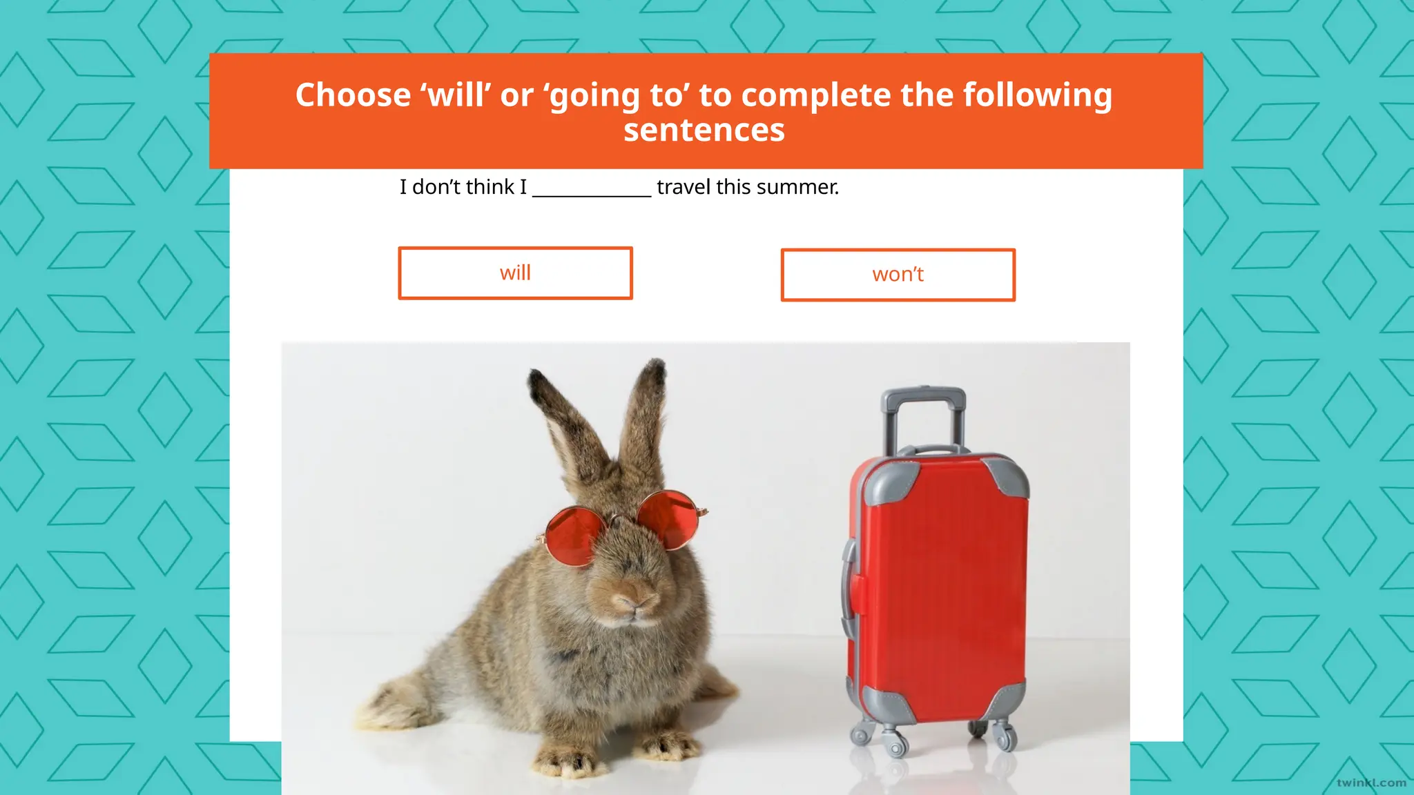 Choose ‘will’ or ‘going to’ to complete the following
sentences
I don’t think I _____________ travel this summer.
will won’t
 