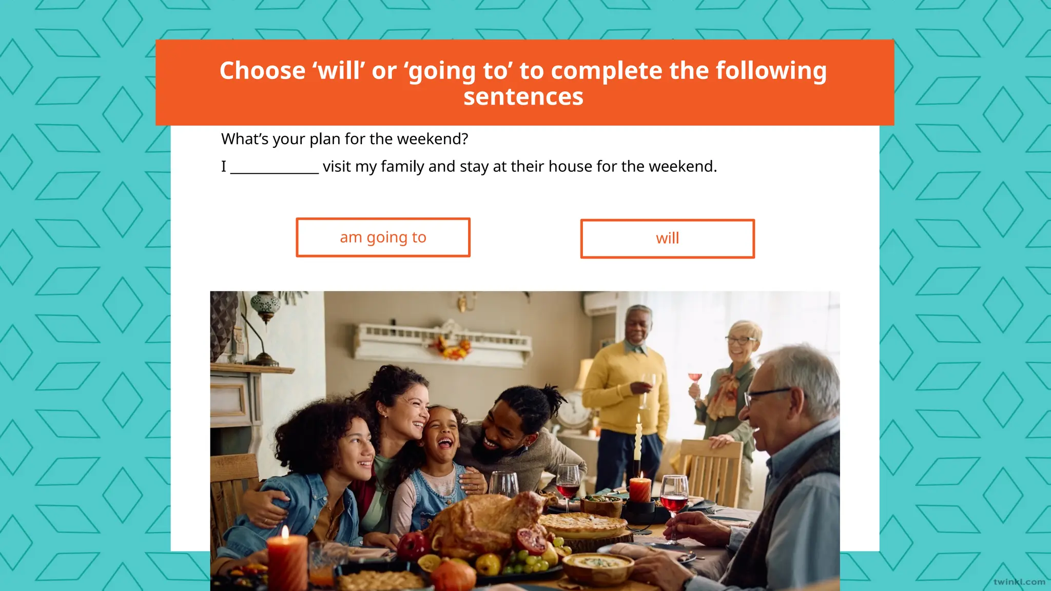 Choose ‘will’ or ‘going to’ to complete the following
sentences
What’s your plan for the weekend?
I _____________ visit my family and stay at their house for the weekend.
am going to will
 
