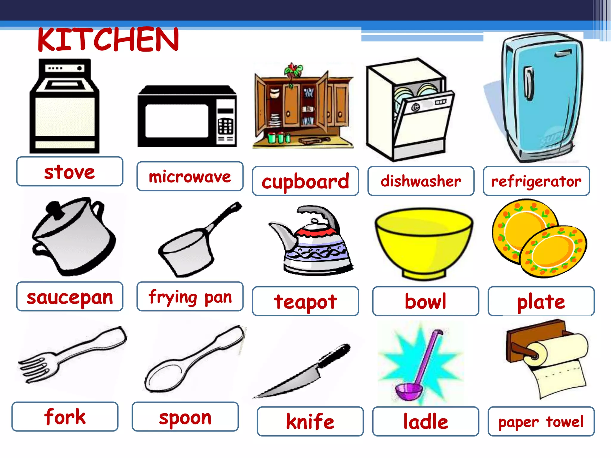 KITCHEN
stove microwave cupboard dishwasher refrigerator
saucepan bowlteapotfrying pan plate
knifespoonfork ladle paper towel
 