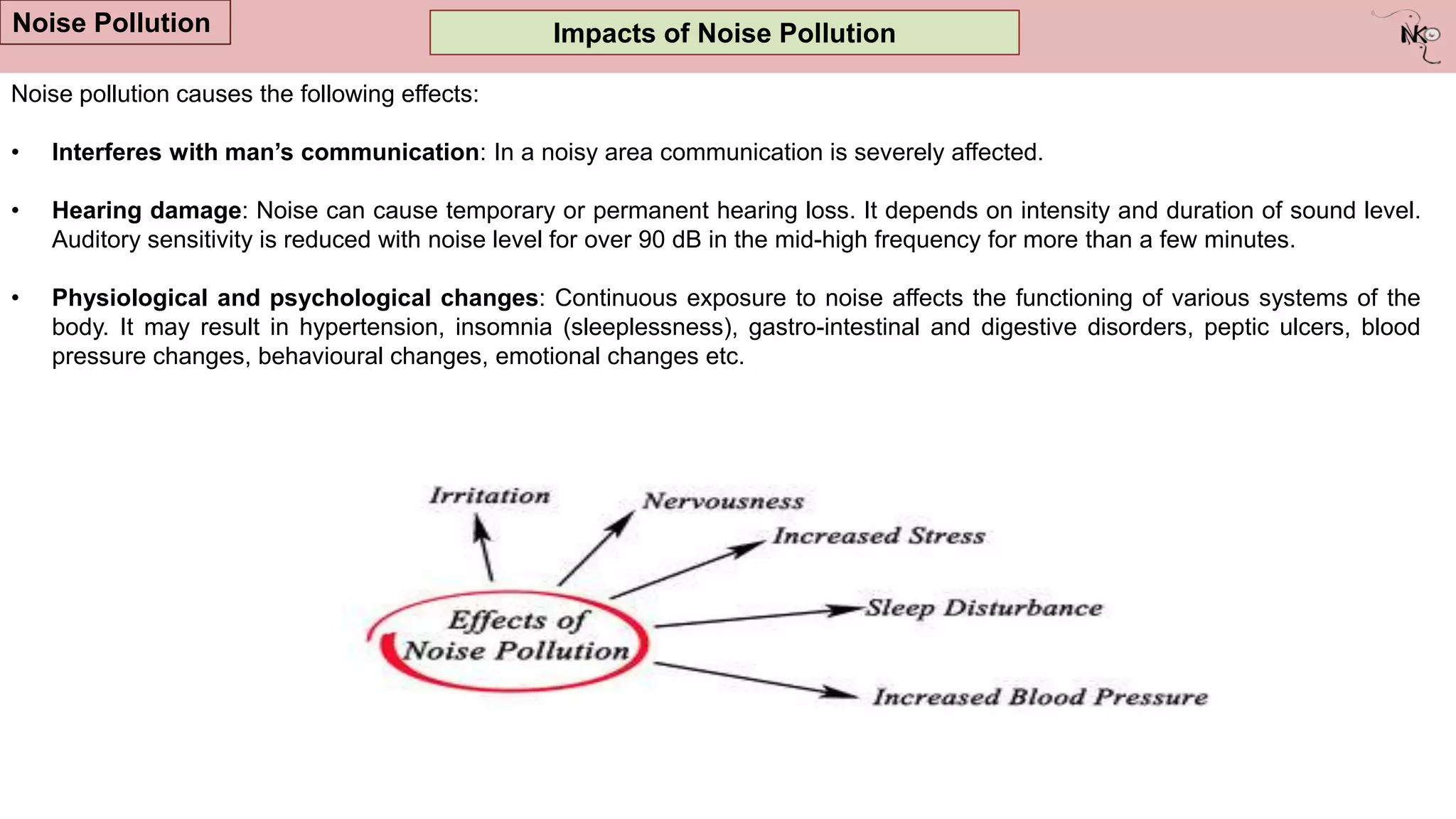 Impacts of Noise Pollution
Noise Pollution
Noise pollution causes the following effects:
• Interferes with man’s communication: In a noisy area communication is severely affected.
• Hearing damage: Noise can cause temporary or permanent hearing loss. It depends on intensity and duration of sound level.
Auditory sensitivity is reduced with noise level for over 90 dB in the mid-high frequency for more than a few minutes.
• Physiological and psychological changes: Continuous exposure to noise affects the functioning of various systems of the
body. It may result in hypertension, insomnia (sleeplessness), gastro-intestinal and digestive disorders, peptic ulcers, blood
pressure changes, behavioural changes, emotional changes etc.
 